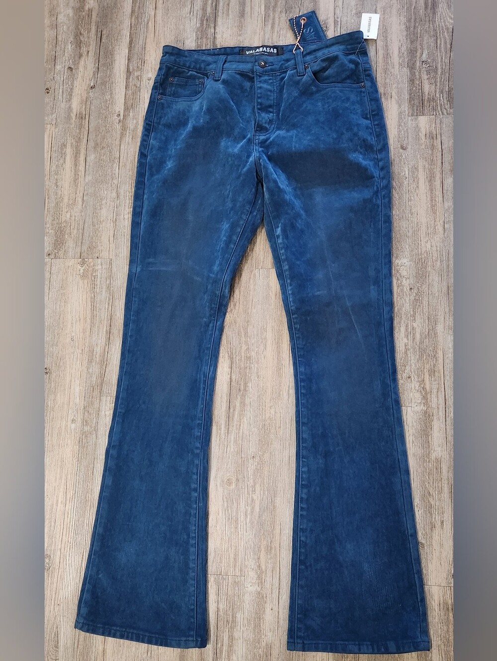 Mens Valabasas Teal Blue Suede Stacked Flared Jeans 36x36 (35x36) Stretch